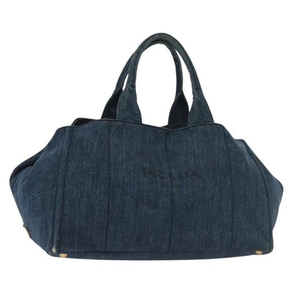 PRADA Canapa GM Hand Bag Denim Blue Gold Auth 139546 - Picture 1 of 16